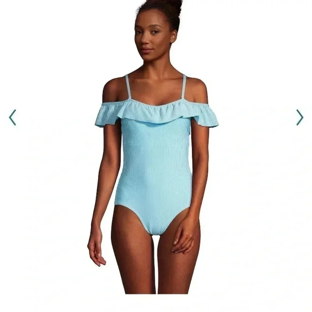 Lands End baby blue and white swimsuit with ruffle detail 🦋🩵 size 14D